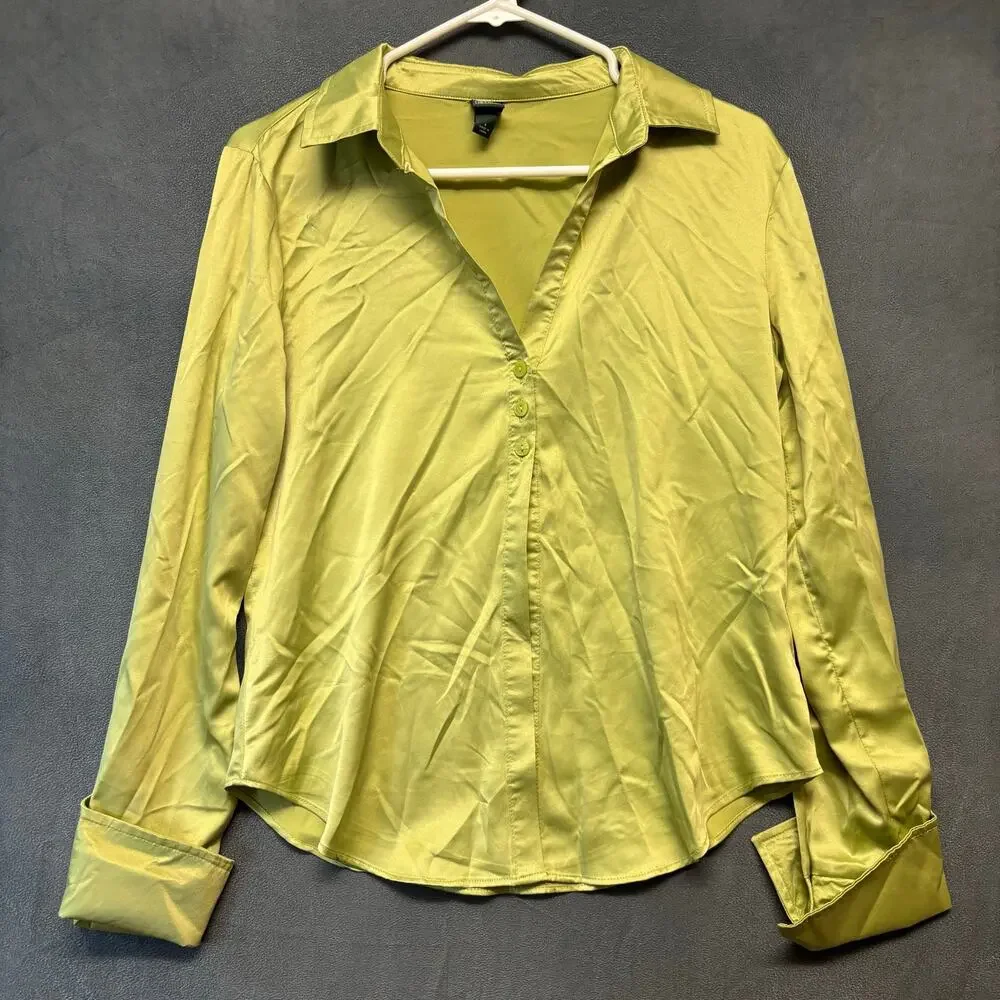 Wild Fable Satin Button Down Lime Green Blouse Size Small Work Office Club Y2K